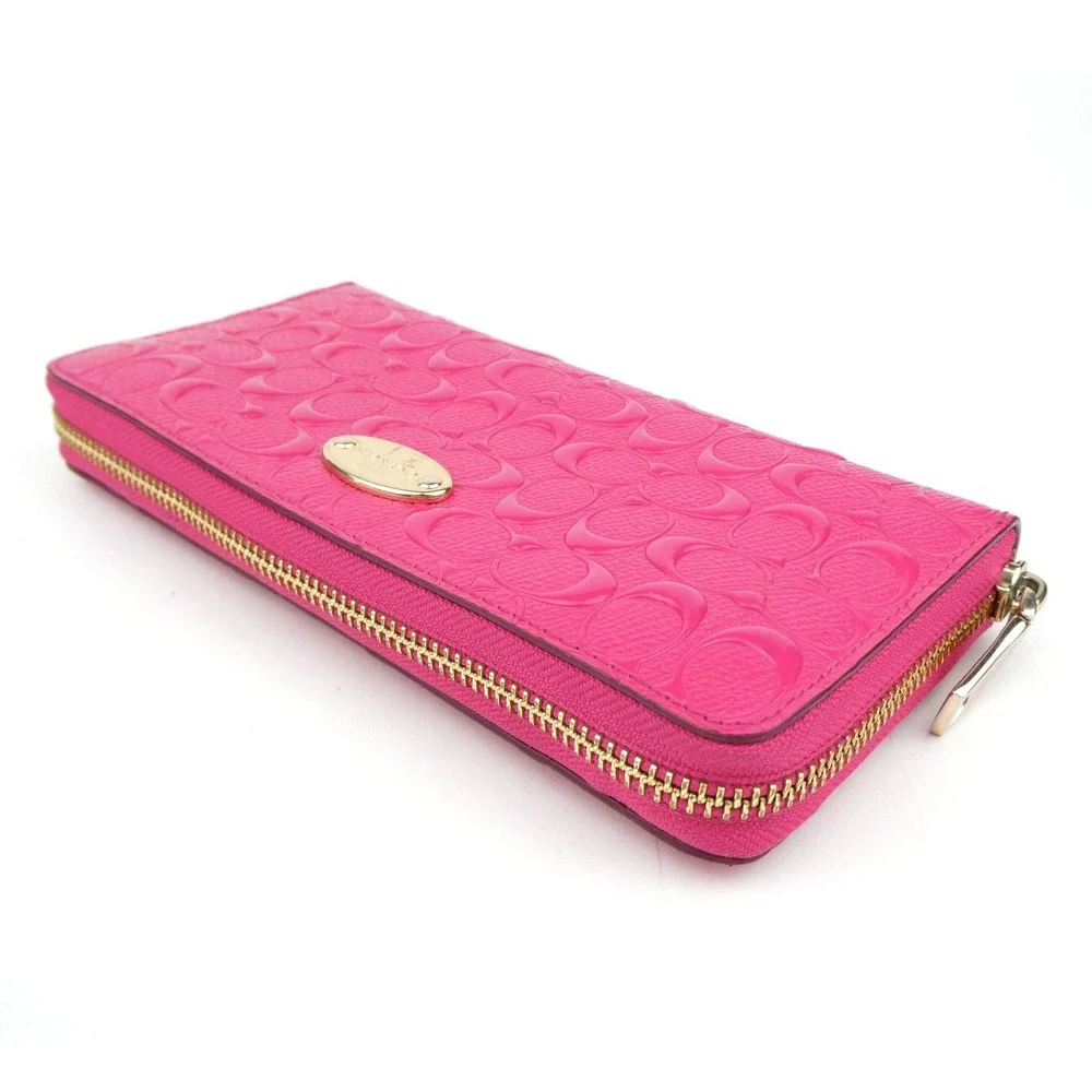 Coach Signature Pink Debossed Patent Leather Accordion Zip Around Wallet F53126